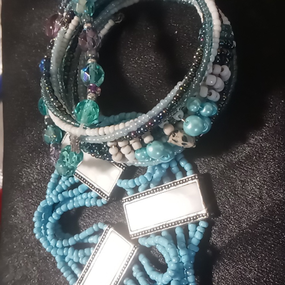 Wrapped stacked & layered lot of 3 bracelets beautiful blues & mother of pearl